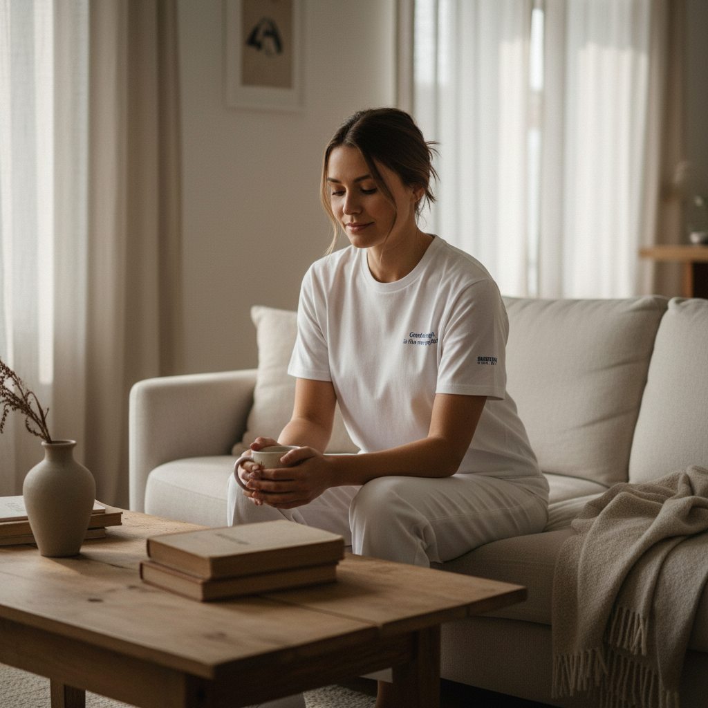 Blunt Spoon Society white organic cotton crew-neck t-shirt with chest graphic worn by a woman sitting on a sofa.