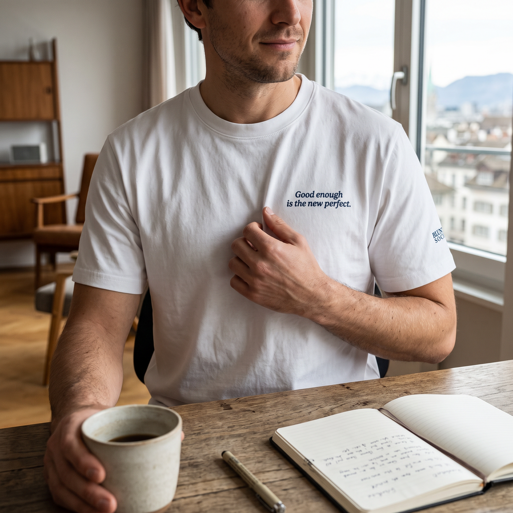 Blunt Spoon Society white organic cotton crew-neck t-shirt with Good enough is the new perfect chest graphic