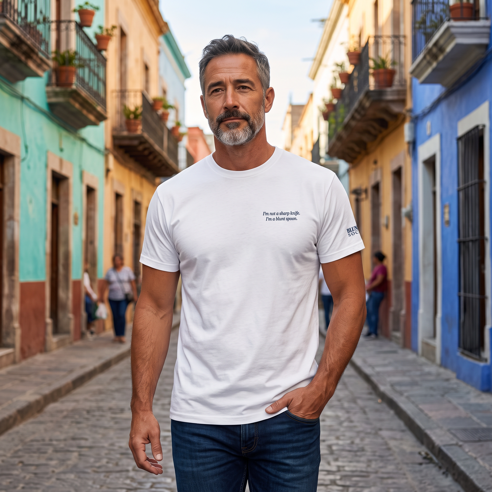 Blunt Spoon Society white organic cotton t-shirt with chest text worn by a man on a colorful cobblestone street.