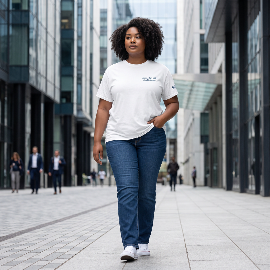 A woman wearing a white Blunt Spoon Society organic cotton t-shirt and blue jeans walking through a city street.