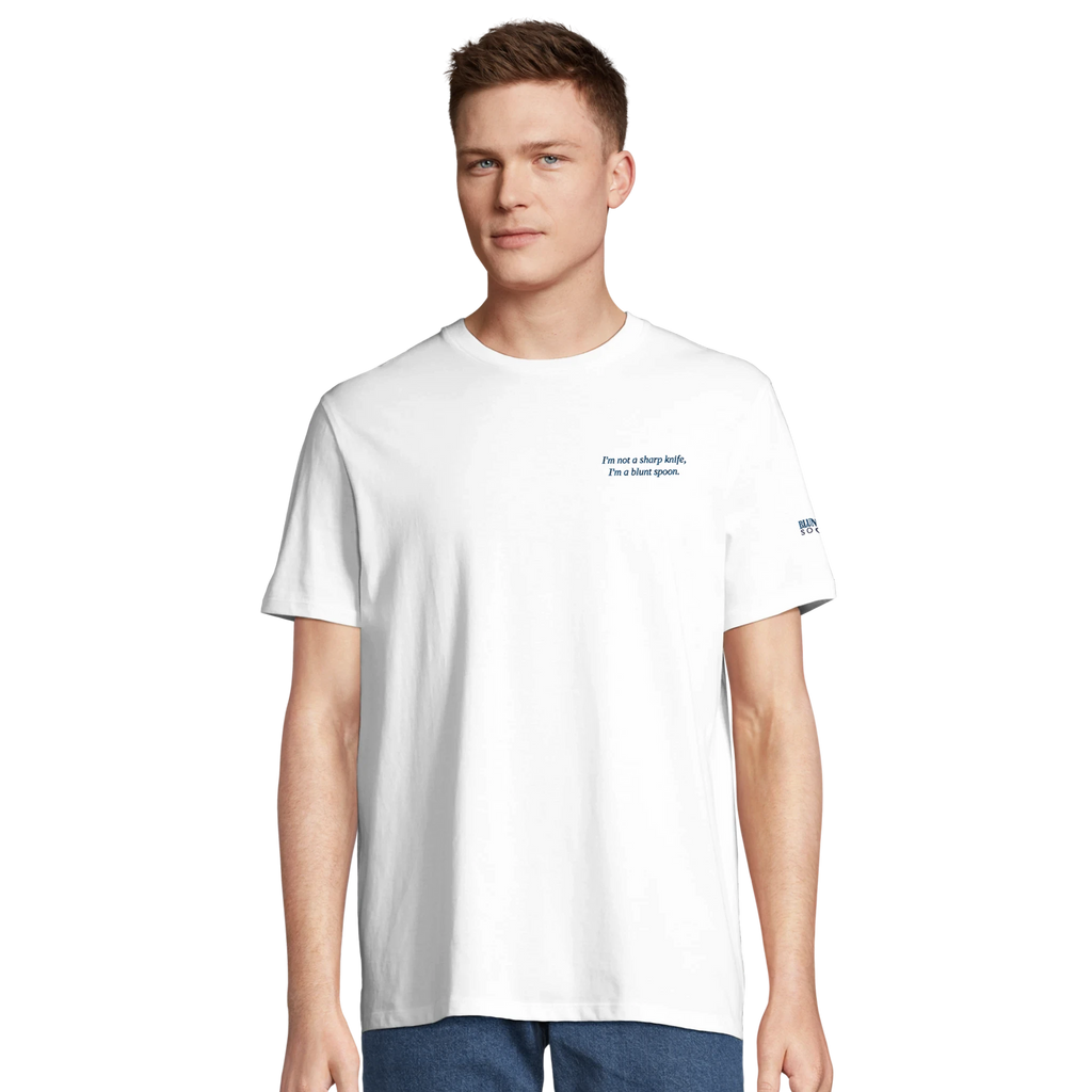 Blunt Spoon Society white organic cotton t-shirt with small chest text and sleeve logo on a male model