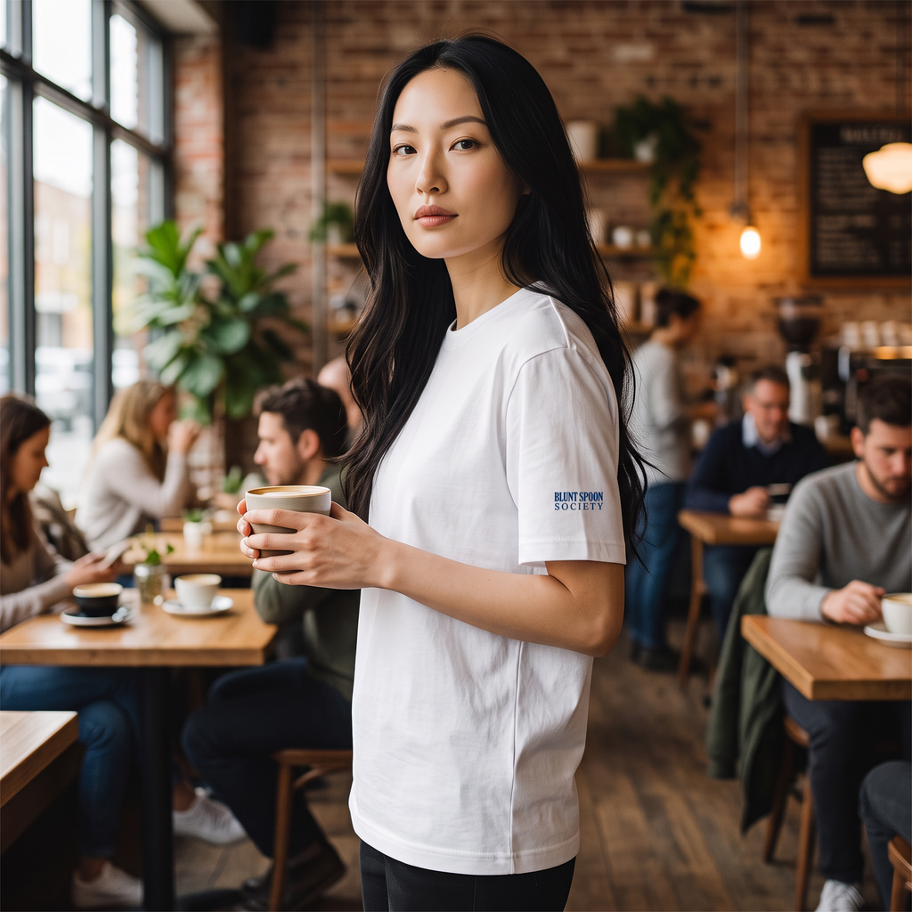 A woman wearing a white Blunt Spoon Society organic cotton t-shirt, holding a coffee cup in a cozy cafe setting.