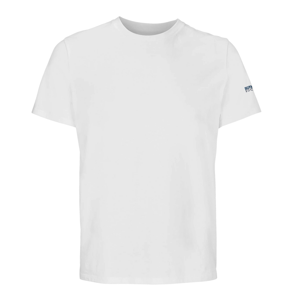 Blunt Spoon Society white organic cotton t-shirt with a ribbed collar and small logo detail on the sleeve.