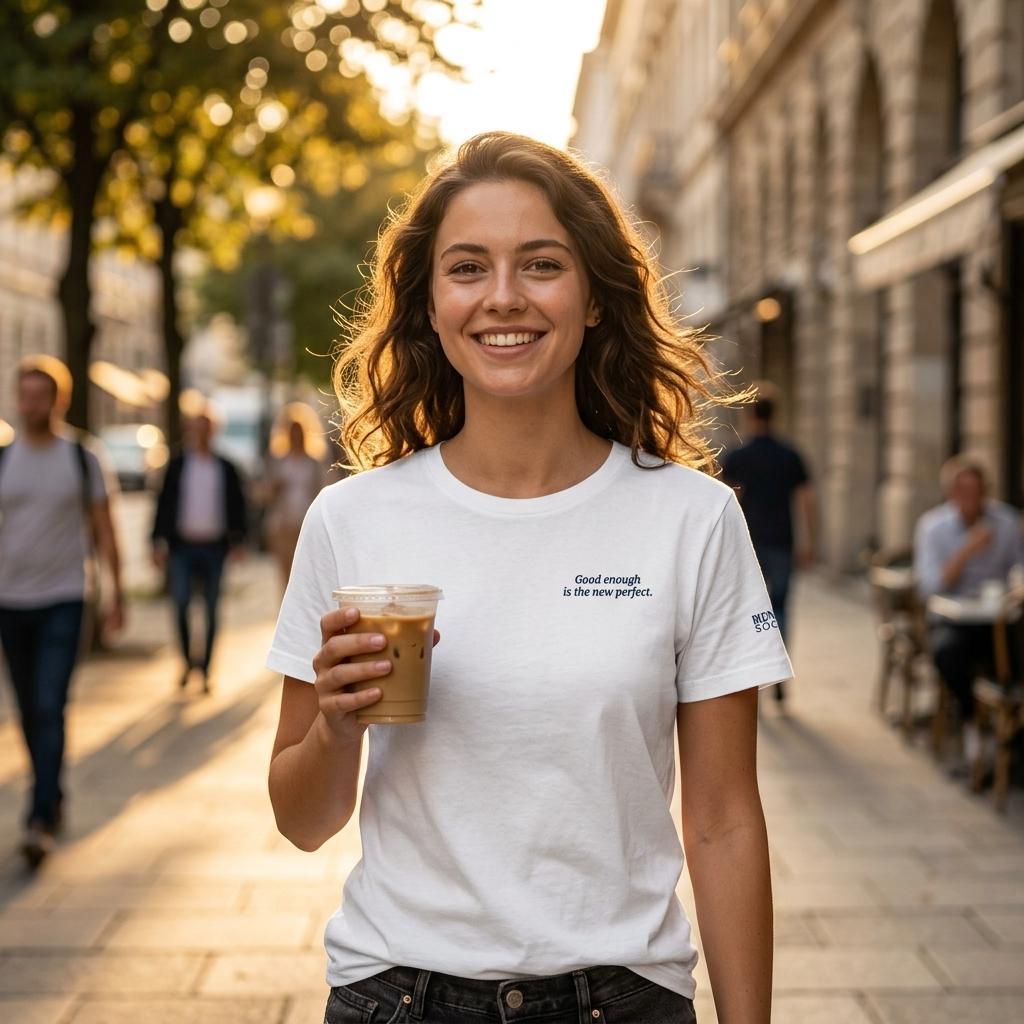 Blunt Spoon Society white organic cotton t-shirt with text print worn by a smiling woman holding an iced coffee.