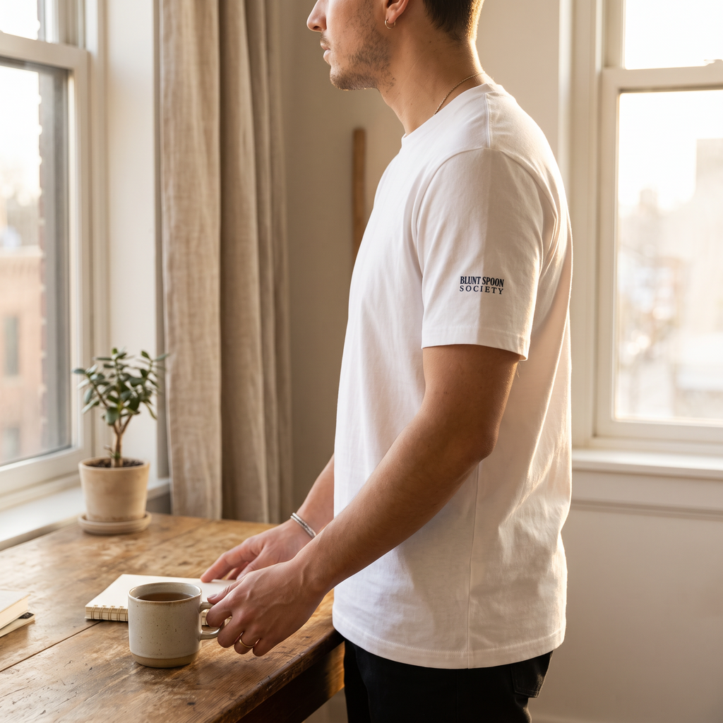 Man wearing a white Blunt Spoon Society organic cotton t-shirt with a branded sleeve detail, standing by a window.