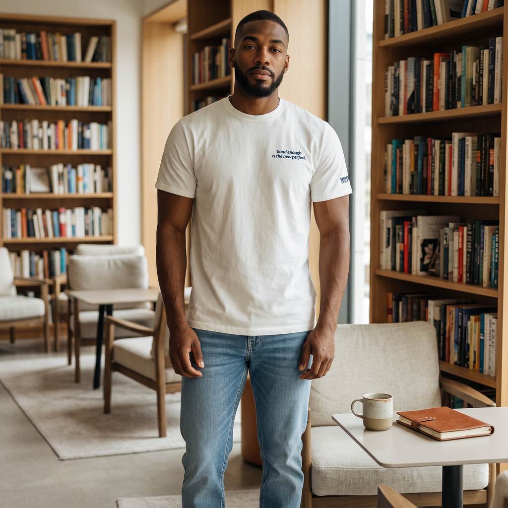 Blunt Spoon Society white organic cotton crew-neck t-shirt with chest graphic worn by a man in a library setting.
