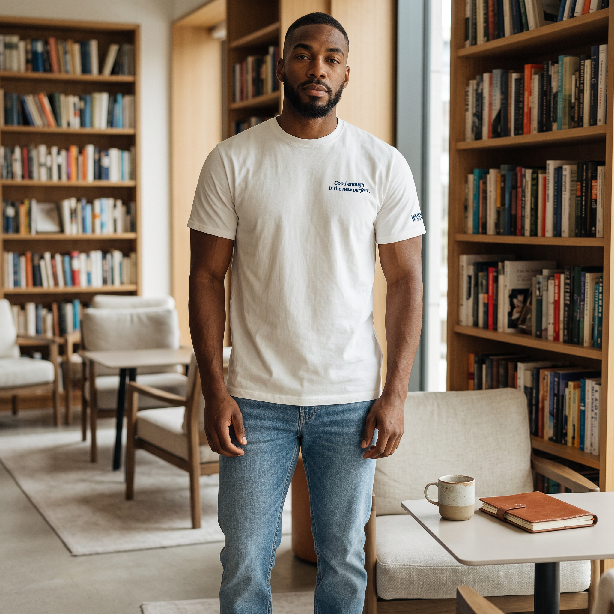 Blunt Spoon Society white organic cotton crew-neck t-shirt with chest graphic worn by a man in a library setting.