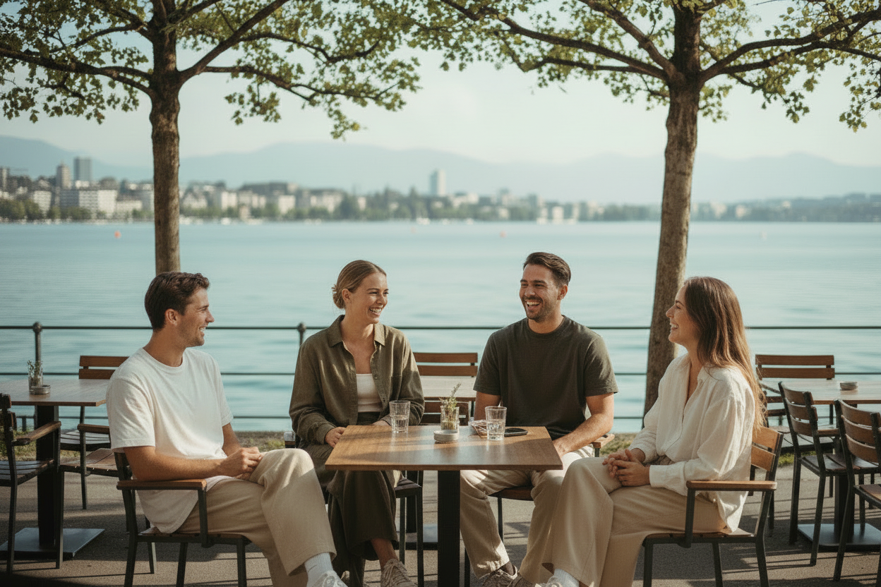 Zürich lake café with flagship tee